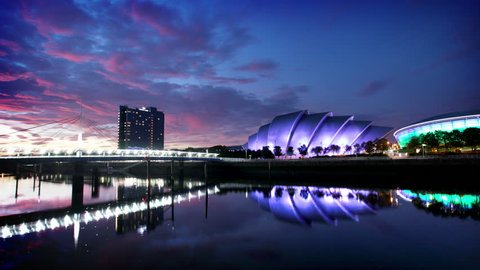 Timelapse of River Clyde at dusk, Glasgow, Scotland