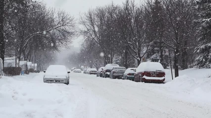 Residential street during a snowstorm. The cars are  covered in snow.