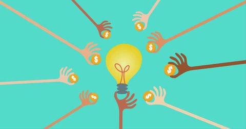Crowdfunding and financial concept with many hands holding money to give their support around the light bulb idea.