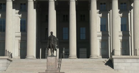 WASHINGTON, DC - CIRCA 2014: Statue of Alexander Hamilton in front of Treasury Department, Washington DC.