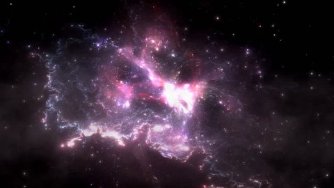 Space flight through nebula. Space travel. Space animation background with purple nebula, many stars for different projects
