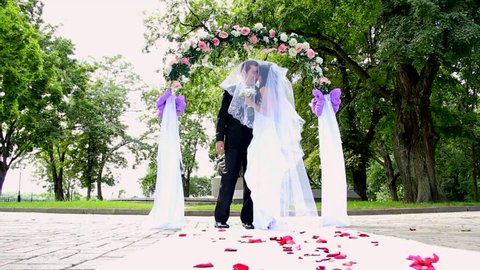 young couple kissing during their wedding ceremony.  dolly shot. Sequence