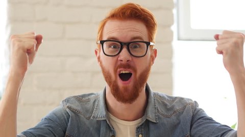 Reaction of Win, Success by Excited Man with Beard and Red Hairs, Portrait