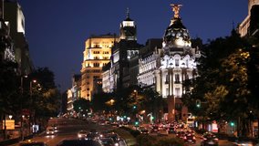 High definition time lapse video of the Calle de AlcalÃ¡ in Madrid at night viewed in the direction of Gran Via.