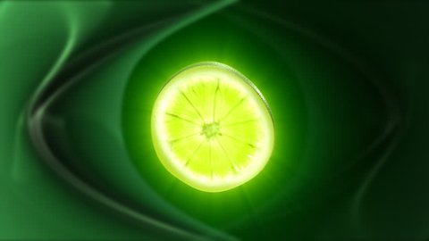 Lime slice with green ray beams rotating,seamless loop