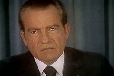 President Nixon gives a statement on the accusations of Watergate from the White House in 1973. (1970s)
