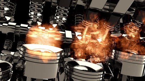 Low-angle shot of a working V8 engine with explosions and flames. Pistons, camshaft, valves and other mechanical parts are in motion.