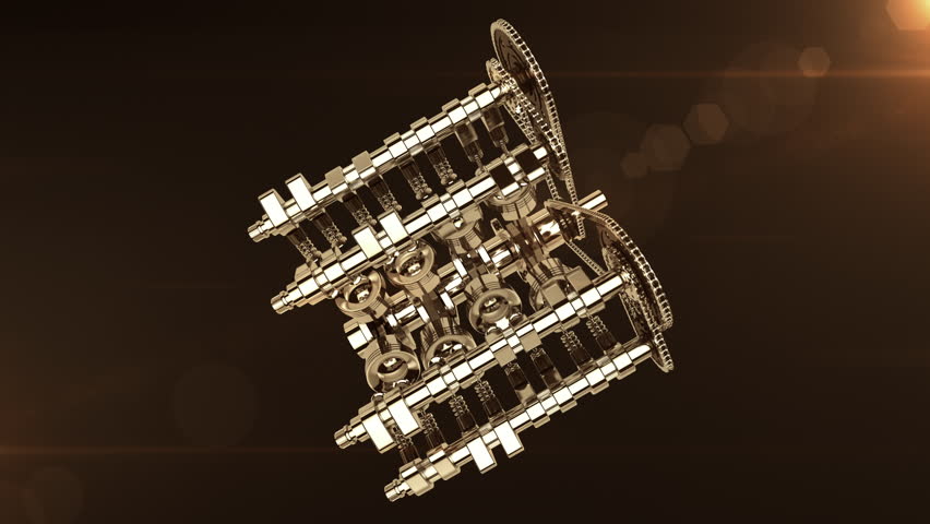 Zooming to a working 3D V8 engine. Pistons, camshaft, valves and other mechanical parts in motion. Lens flare effects added.