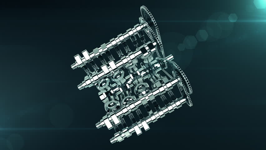 Zooming to a working 3D V8 engine. Pistons, camshaft, valves and other mechanical parts in motion. Lens flare effects added.