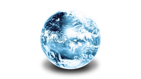 Orbiting earth entering ice age on white background.