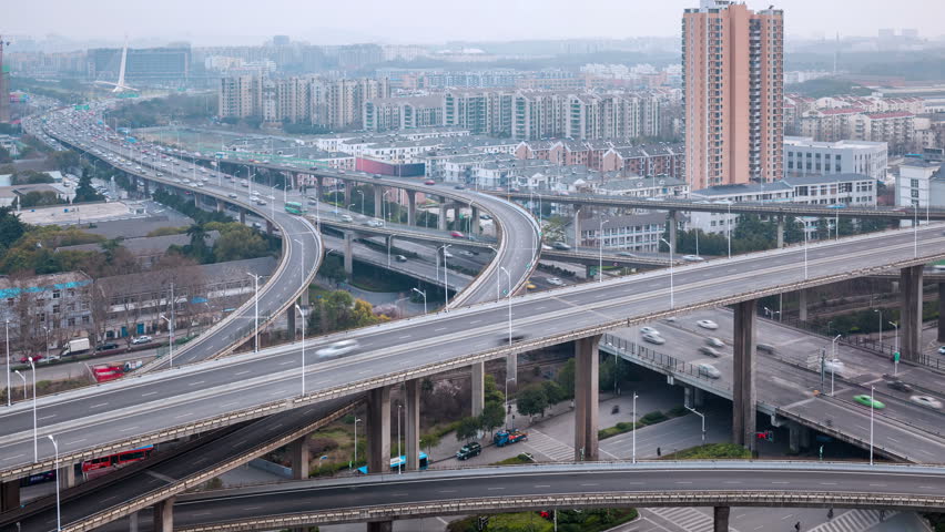 time lapse of nanjing overpasses ,city highway interchange closeup 