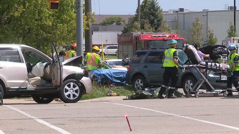 Waterloo, Ontario, Canada August 2016 car crash and accident scene in city intersection