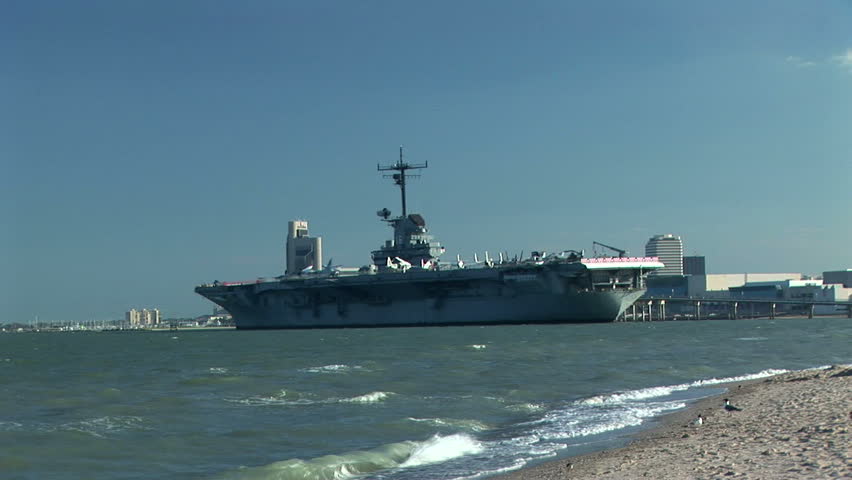 Shore view of the USS Lexington aircraft carrier