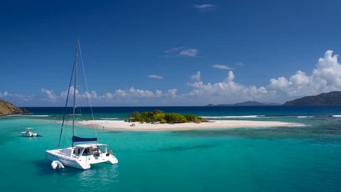 Aerial view of a luxury Catamaran at Sandy Spit, BVI