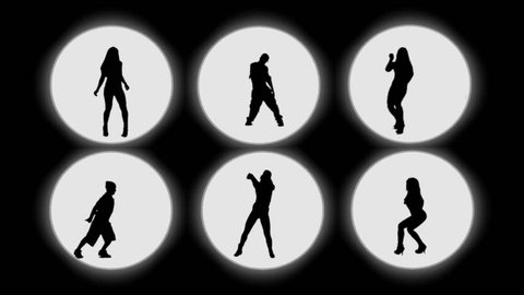 6 silhouettes dancing. Backlight.  