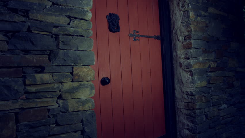 4k Halloween Shot of Red Riding Hood Opening Door with a Knife, horror shot