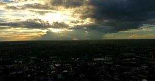 aerial flying  with cityscape sunset view