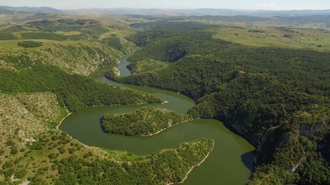 Aerial: flight over the trail and lake Uvac in Serbia.