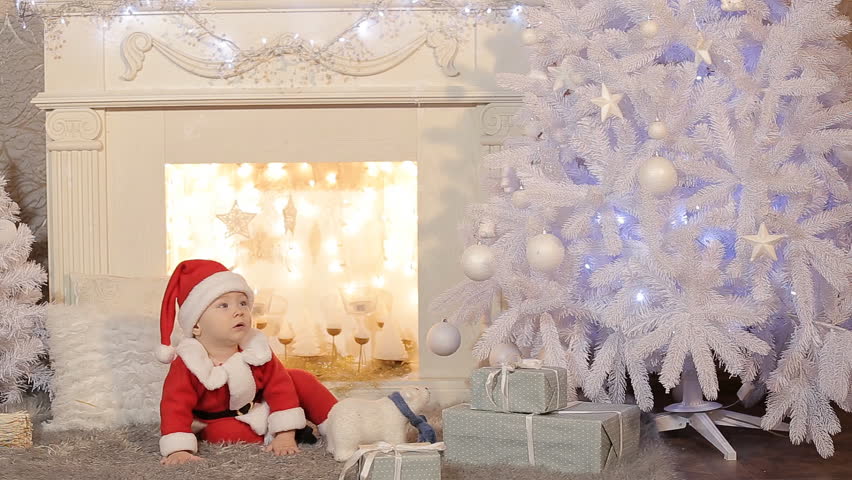 Little Boy Sitting Near Christmas Tree