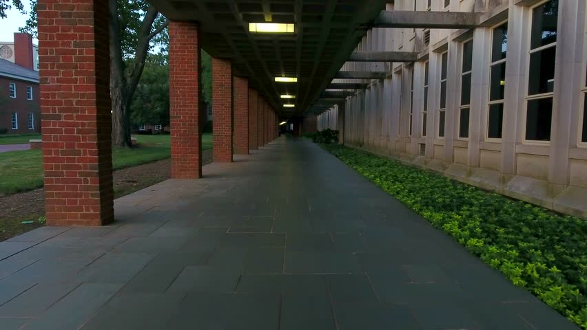 Flying over Furman University at sunset in upstate South Carolina. Beautiful college campus in SC. 