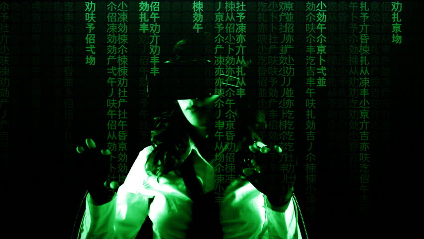 A girl wearing a virtual reality headset, wearing wired gloves, interacting with what she sees. Pre-keyed chroma-key shot. (4) Matrix-style sci-fi fx (falling text, code rain).
