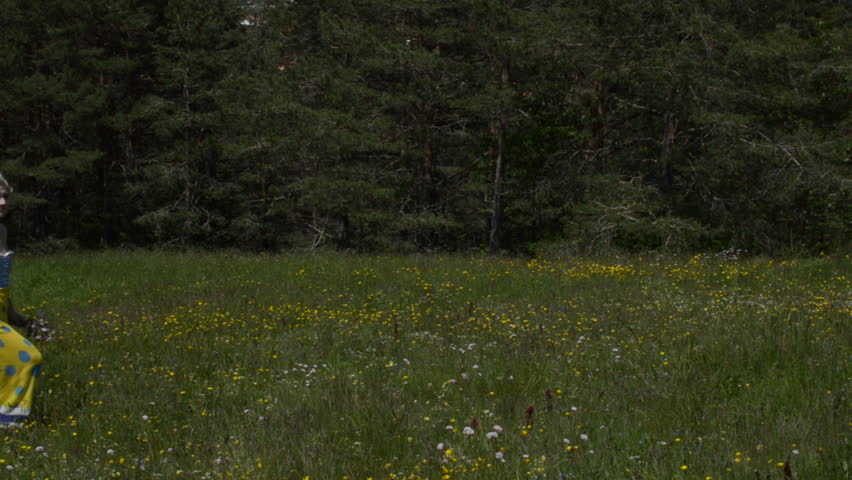 Woman is picking wildflowers on a meadow, on sunny day