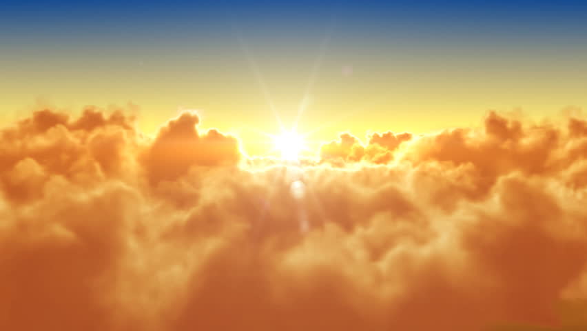 Flying over the clouds with the evening (morning) sun. Seamless 3d animation. HD 1080.