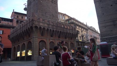 BOLOGNA, ITALY - circa 2016: Square Piazza di Porta Ravegnana in Bologna and two Tower Torri Garisenda and Torri Asinelli, Ultra hd 4k, real time