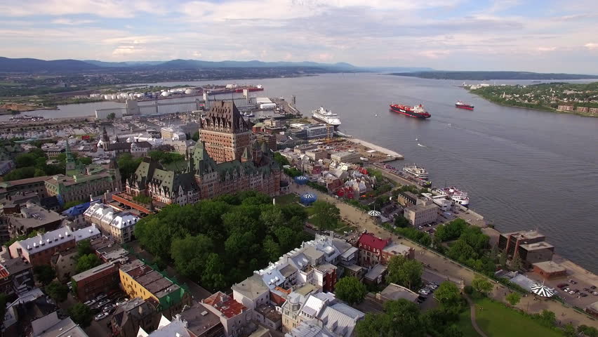 Quebec City with Chateau Frontenac castle and Old Port in Quebec, Canada, aerial view.