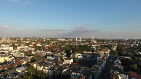 Aerial shot of hamburg while the sun is going down.