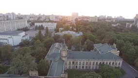 Aerial view of the old building of the university KPI in Kiev, Ukraine. The campus from bird's-eye view on the Sunset. 4k video. Top view.