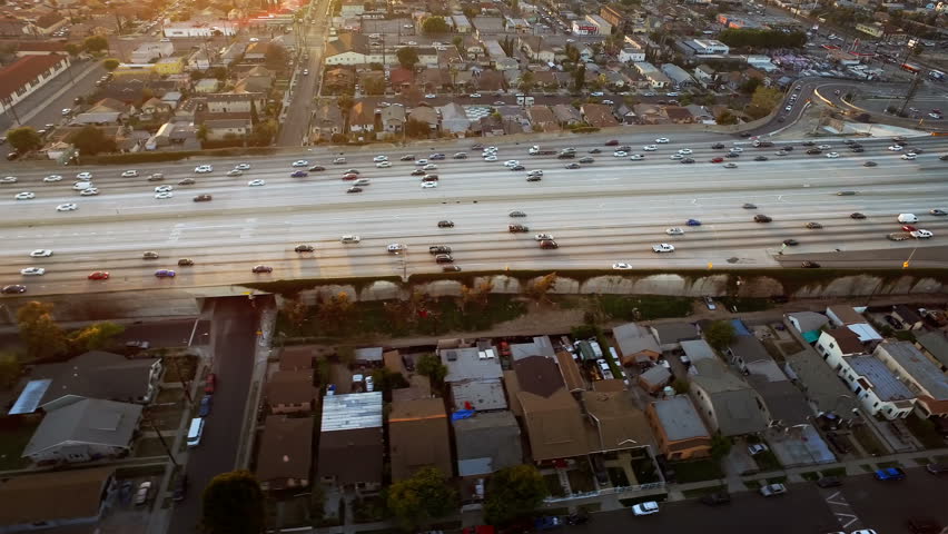 Aerial view of Los Angeles Freeway, rush hour. California, United States. Transportation.

 Royalty-Free Stock Footage #19332883