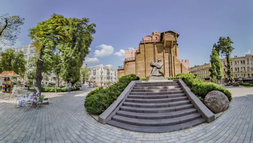 Timelapse Video. in the Historical Center of Kiev is an Architectural Monument of the Golden Gate. There is a Monument to Yaroslav Wise. This Place For Tourists. Wide Video 180 Degrees