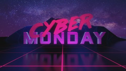Cyber Monday Sale Reveal. 80's inspired retro reveal with neon colors VHS style footage. 4K VIDEO.