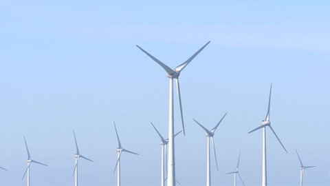 Group of wind turbine heads spinning