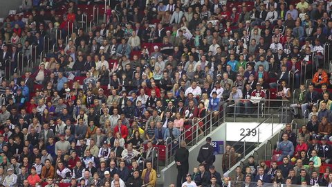 Chelyabinsk, Russia - September 6, 2016: Fans happily respond to the goal scored in the hockey game.


