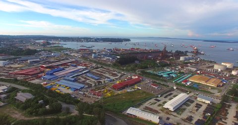 Labuan,Malaysia-June 7,2016:Aerial view of Rancha-Rancha Industrial Estate,Labuan island,Malaysia.Warehouses to accommodate storage of Chemical drums & Drilling Tools for oil & gas industry at Labuan.