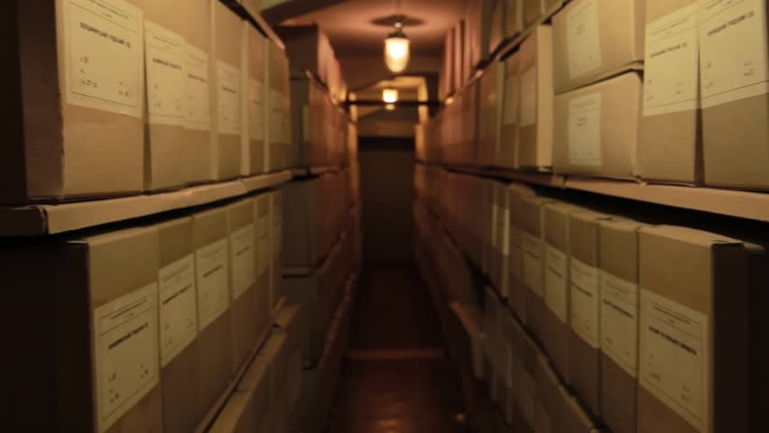 Corridor of library with wood bookcases with many books 
