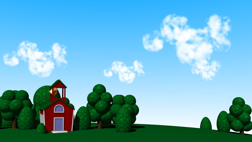 A 3D school house on a simple landscape.