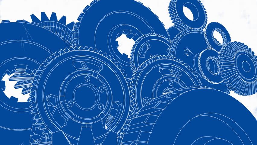 Blueprint sketch drawn look - 3D animation of gears turning. Seamless looping