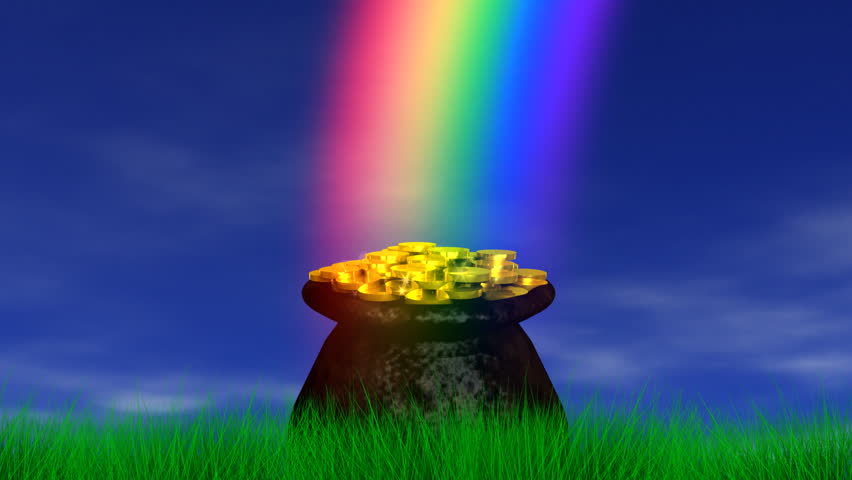 v.3 - Pot of gold at the end of the rainbow - blue sky, clouds. 3D animation -