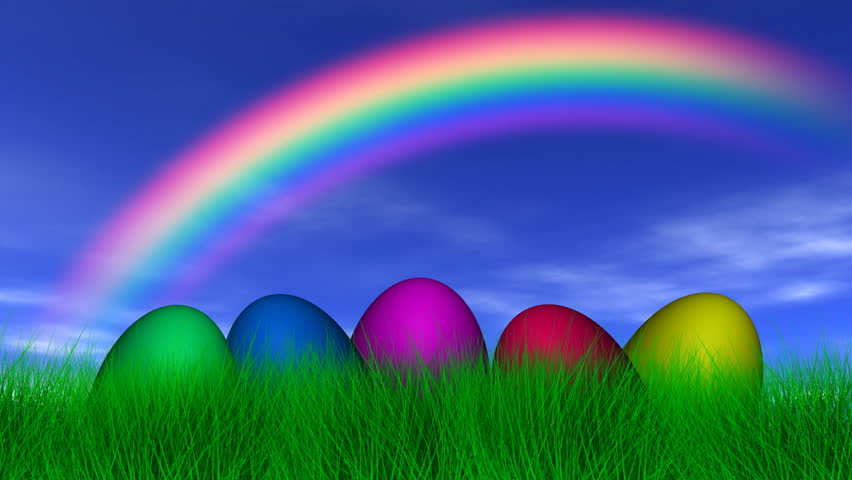 Easter Eggs, rainbow, blue sky, light clouds, slight breeze and lush green
