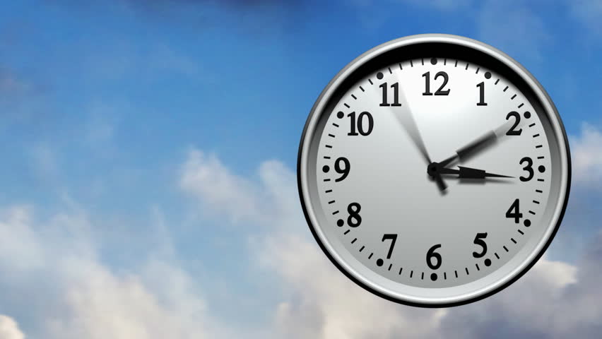 3D animation of a wall clock running very fast through 24 hours. Clouds fly past