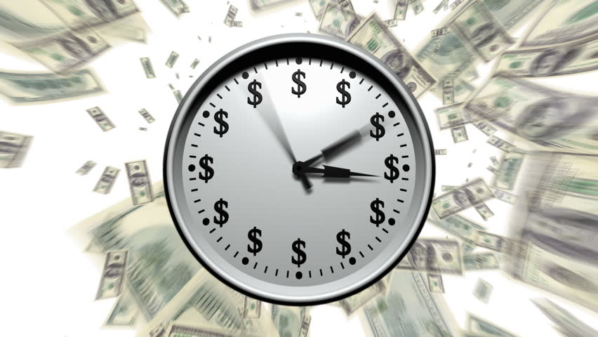 3D animation of a clock running very fast through 24 hours. Various U.S. dollar