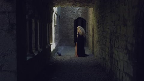 4k Medieval Shot of Queen Holding a Smoky Box in Castle, videoclip de stoc