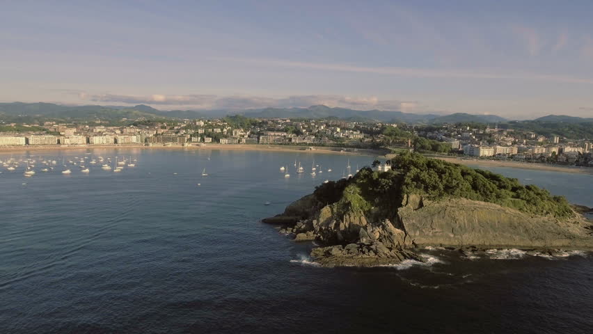 Aerial of San Sebastian Concha Bay and Santa Clara Island, Spain