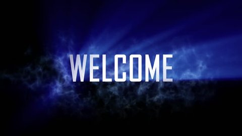 Welcome title, intro. 10 seconds loopable intro with cloud of smoke and rays of light. Light rays pass through the word "Welcome" and smoke. Black background and blue rays of light.