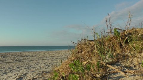 beautiful beach and pretty morning view of beach with sand dune and weathered fence in the right foreground - HD -1920x1080