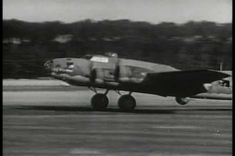 Footage of B-17 airplanes flying in formation is accompanied by narration recounting successful missions of the US Airforce using the Flying Fortresses during the 1940s. (1940s)