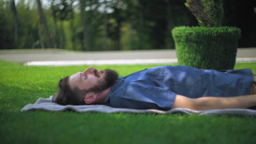 Young happy brunette guy in a blue shirt with a beard lying on blankets in a park on a sunny summer day. Typing messages on the mobile phone and smiling.